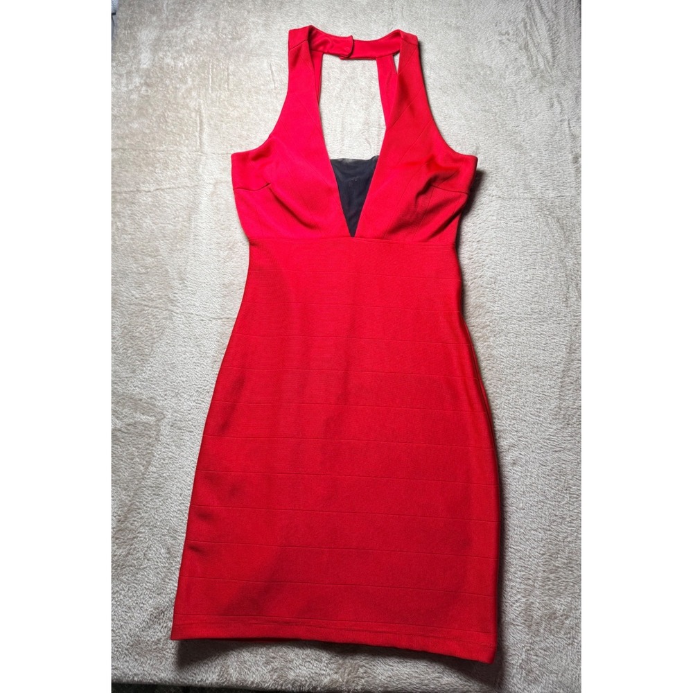 Y2K Deb Red Bandage Bodycon Dress Halter Mesh Size 5 Cocktail Clubwear